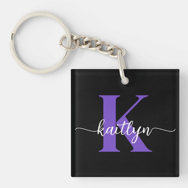 Black Purple Script Monogram Key Ring (Front)