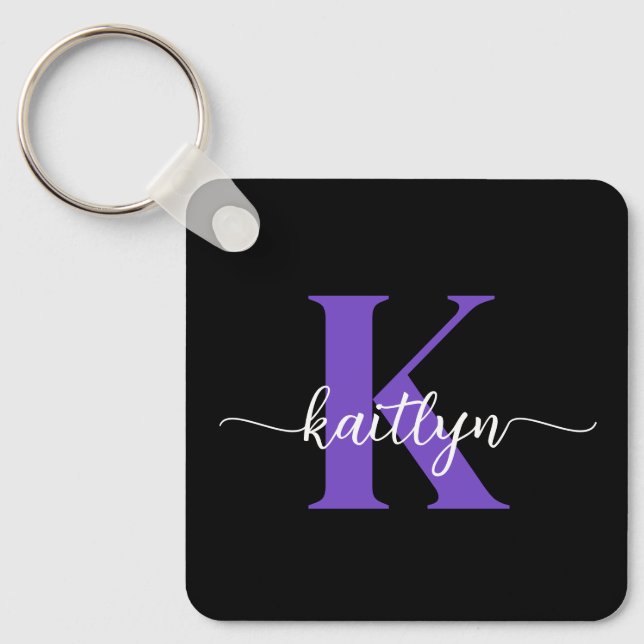 Black Purple Script Monogram Key Ring (Front)