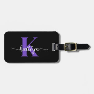 Black Purple Script Monogram Luggage Tag