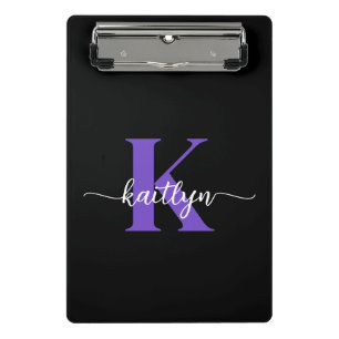 Black Purple Script Monogram Mini Clipboard