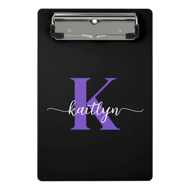 Black Purple Script Monogram Mini Clipboard (Front)