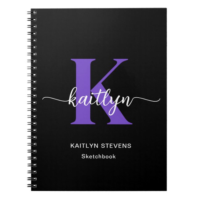 Black Purple Script Monogram Notebook (Front)