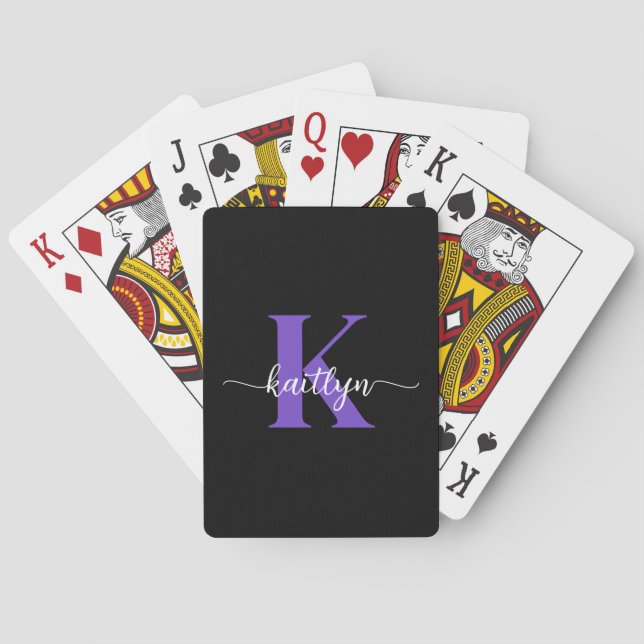 Black Purple Script Monogram Playing Cards (Back)