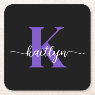 Black Purple Script Monogram Square Paper Coaster