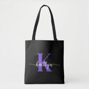 Black Purple Script Monogram Tote Bag