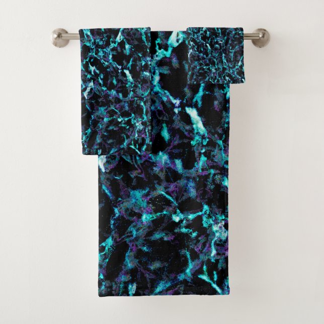 Black Purple & Shocking Electric Aqua Blue Bath Towel Set (Insitu)