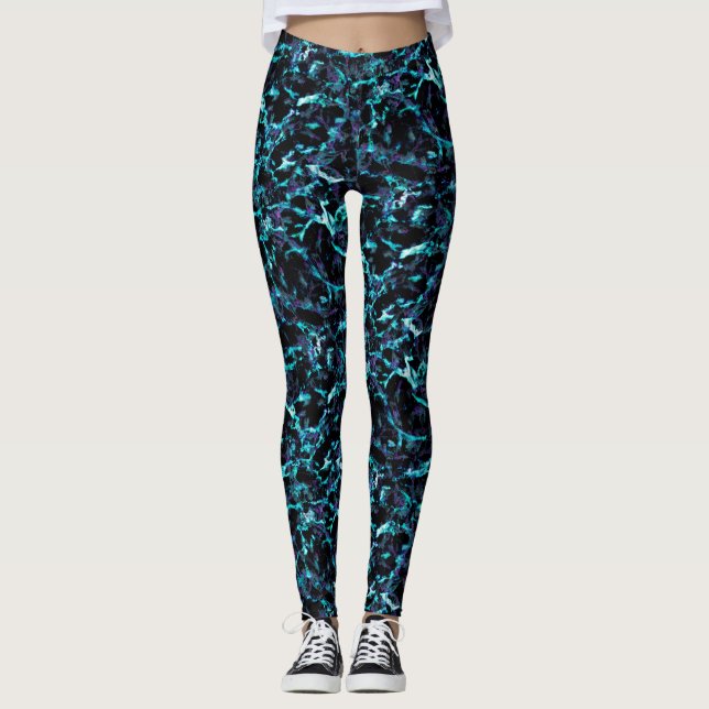 Black Purple & Shocking Electric Aqua Blue Leggings (Front)
