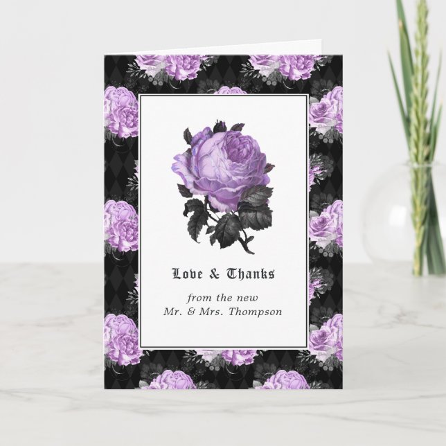 Black, Purple & Silver Floral Gothic Wedding Photo Thank You Card (Front)