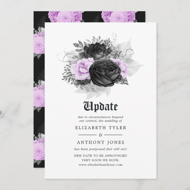 Black Purple & Silver Floral Gothic Wedding Update Invitation (Front/Back)