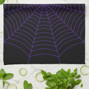 Black purple spider web Halloween pattern Tea Towel
