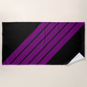 Black Purple Striped 70s 80s Retro Racing Stripes Beach Towel