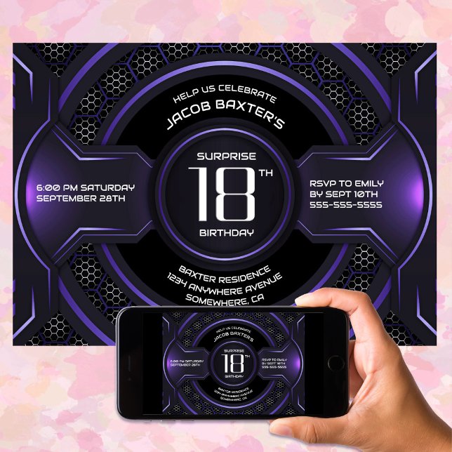 Black Purple Surprise 18th Birthday Party Invitation (Creator Uploaded)