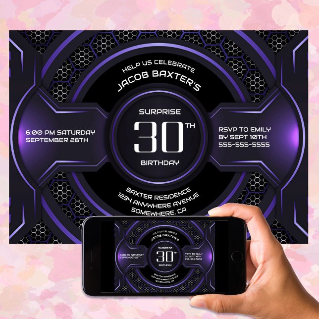 Black Purple Surprise 30th Birthday Party Invitation (Creator Uploaded)