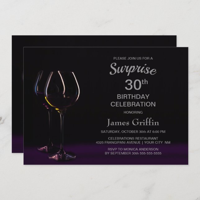 Black Purple Surprise 30th Birthday Wine Glass Invitation (Front/Back)