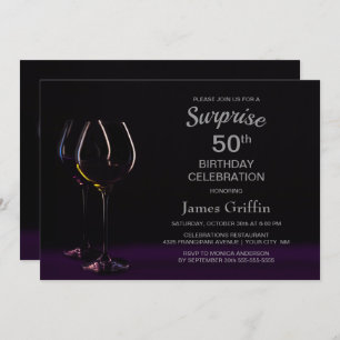 Black Purple Surprise 50th Birthday Wine Glass Invitation