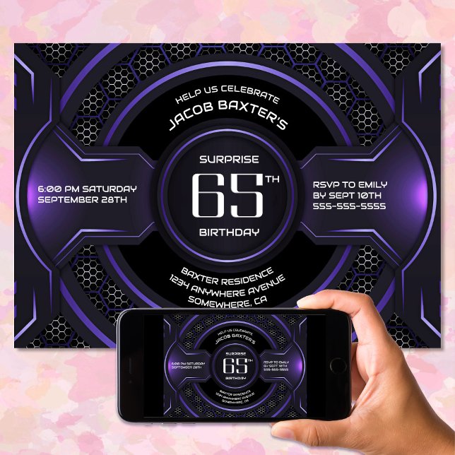 Black Purple Surprise 65th Birthday Party Invitation (Creator Uploaded)