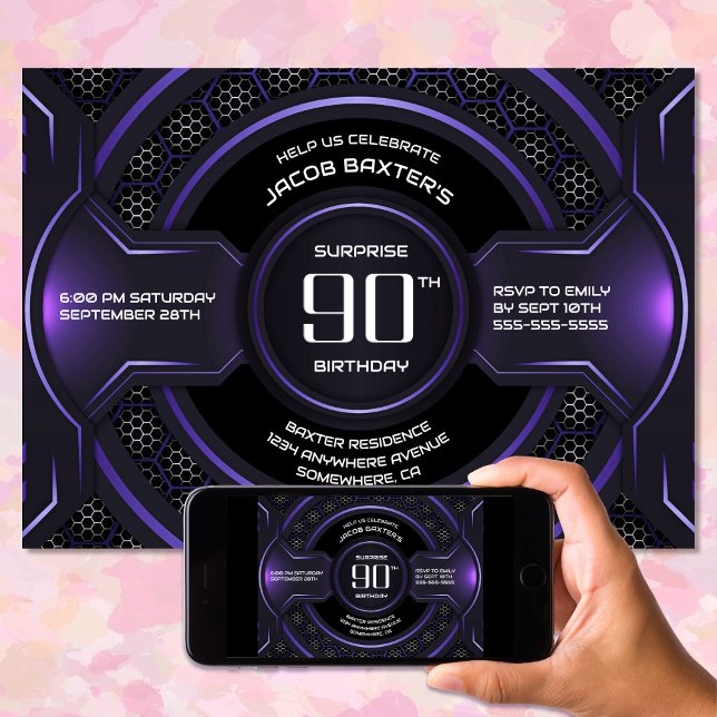 Black Purple Surprise 90th Birthday Party Invitation (Creator Uploaded)