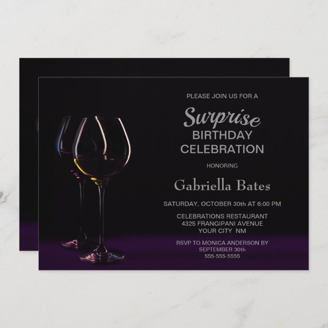 Black Purple Surprise Birthday Wine Glass Party Invitation (Front/Back)