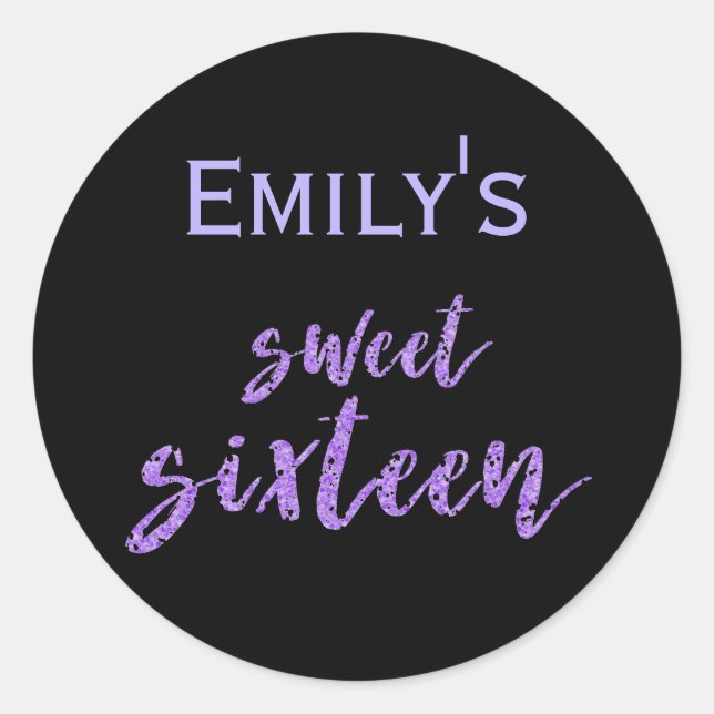 Black Purple Sweet 16 with Name Classic Round Sticker (Front)