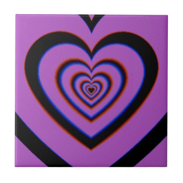 Black Purple Trippy Hypnotic Heart Love Pattern Tile (Front)