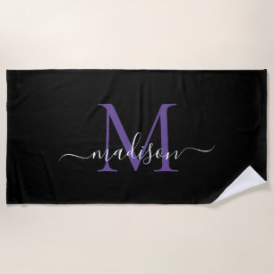 Black Purple Violet Monogram Feminine Girly Script Beach Towel