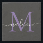 Black Purple Violet Monogram Feminine Script Name Stone Coaster<br><div class="desc">Elegant Modern Black Purple Violet Monogram Feminine Script Name Stone Coaster</div>
