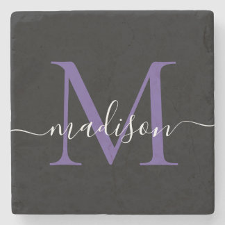 Black Purple Violet Monogram Feminine Script Name Stone Coaster