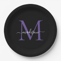 Black Purple Violet Monogram Modern Elegant Script