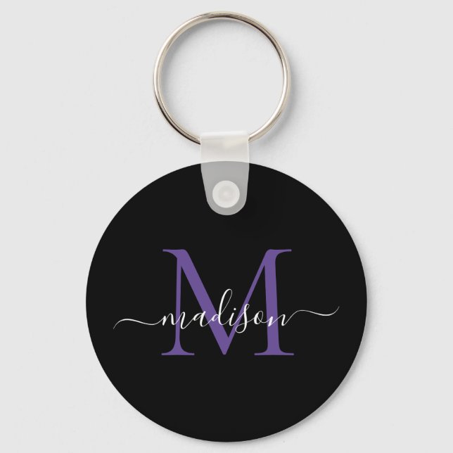 Black Purple Violet Monogram Name Elegant Script Key Ring (Front)