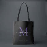 Black Purple Violet Monogram Script Name Initial Tote Bag<br><div class="desc">Modern Black Purple Violet Monogram Elegant Script Name Initial Tote Bag</div>