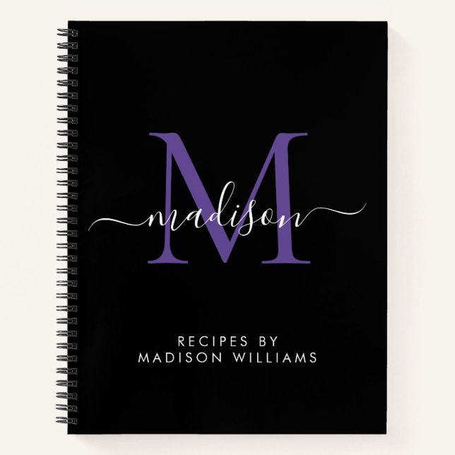 Black Purple Violet Monogram Script Name Recipe Notebook (Front)
