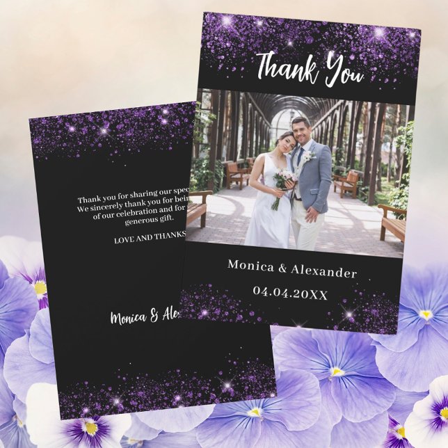 Black purple wedding photo thank you card (Creator Uploaded)