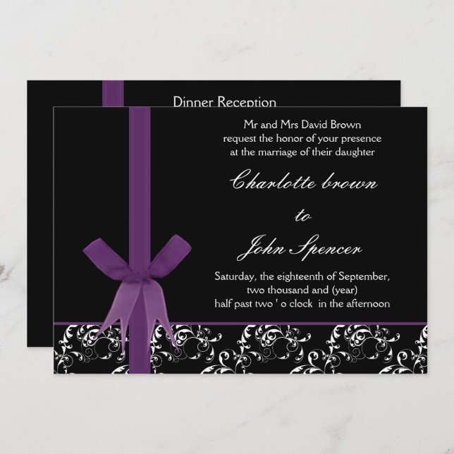 Black Purple White  Damask FAUX ribbon design Invitation (Front/Back)