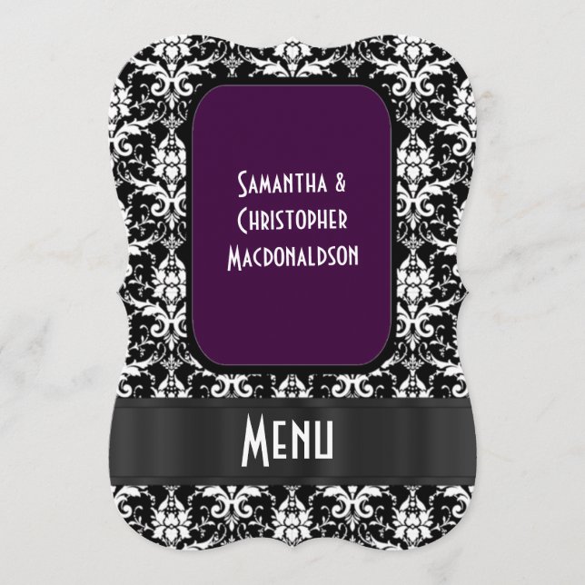 Black, purple white damask formal wedding menu (Front)