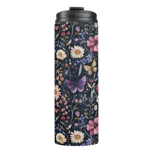 Black Purple Yellow Pink Floral Butterflies Thermal Tumbler
