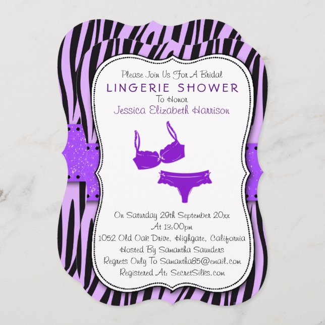 Black & Purple Zebra Print Bracket Lingerie Shower Invitation (Front/Back)
