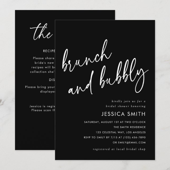 Black QR Code Brunch and Bubbly Bridal Shower Invitation (Front/Back)
