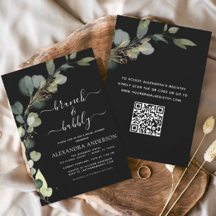 Black QR Code Brunch & Bubbly Eucalyptus Invitation