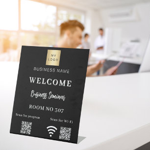 Black QR code business logo seminar room wifi Pedestal Sign