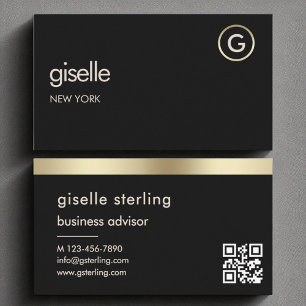 Black QR Code Faux Gold Foil Monogram  Business Card
