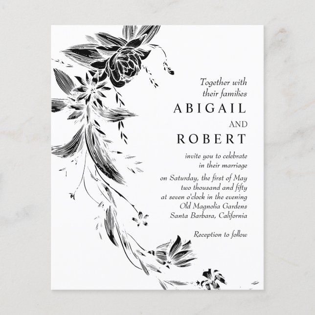 Black QR code floral BUDGET wedding invitation (Front)