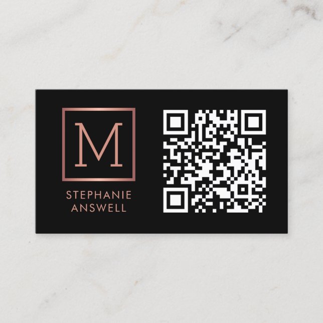 Black QR Code Logo Monogram Rose Gold Business Card (Front)