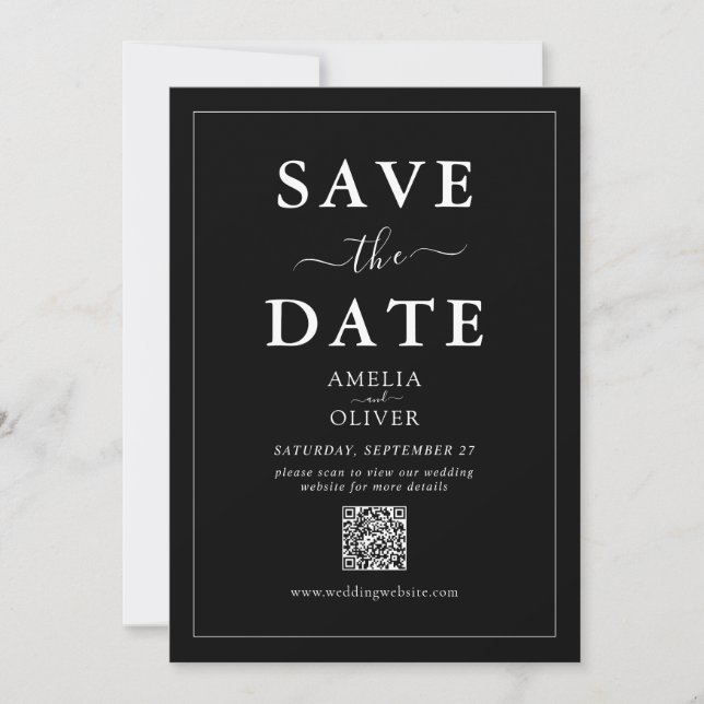 Black QR Code Modern Minimalist Wedding Elegant Save The Date (Front)