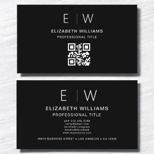Black QR Code Monogram Minimalist Modern Business Card