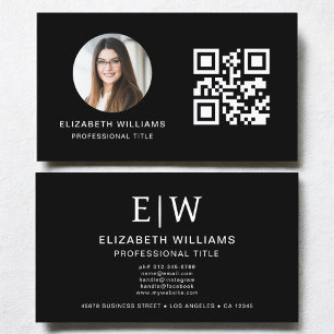 Black QR Code Photo Monogram Minimalist Business Card