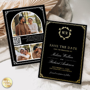 Black QR Code Photo Wedding Save the Date Gold