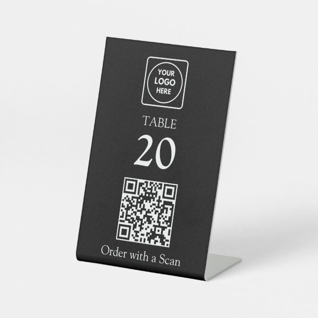 Black QR Code | Restaurant Table Number Scan Order Pedestal Sign (Front)