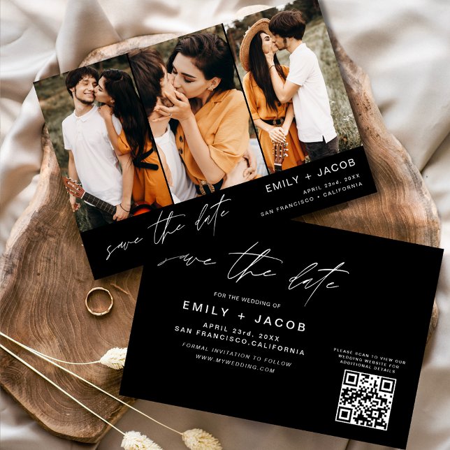 Black QR Code Save the Date 3 Photo Elegant  (Creator Uploaded)