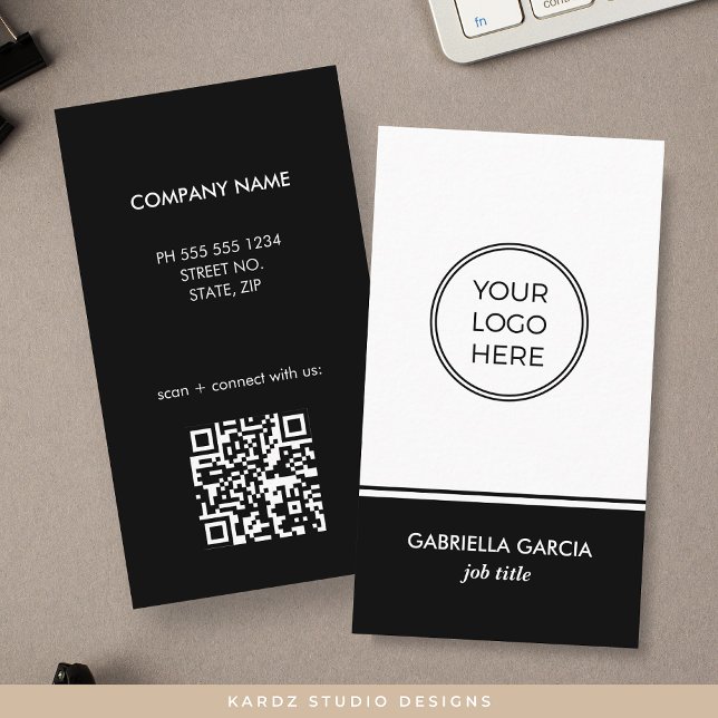 Black QR Code Simple Logo Business Card (Image shows the front and back of the card, with square corners, size 3.5 x 2 inches. )