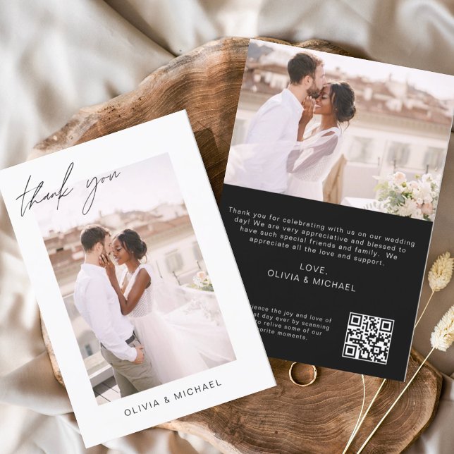 Black QR Code Wedding Thank You Photo Minimalist Card (Creator Uploaded)